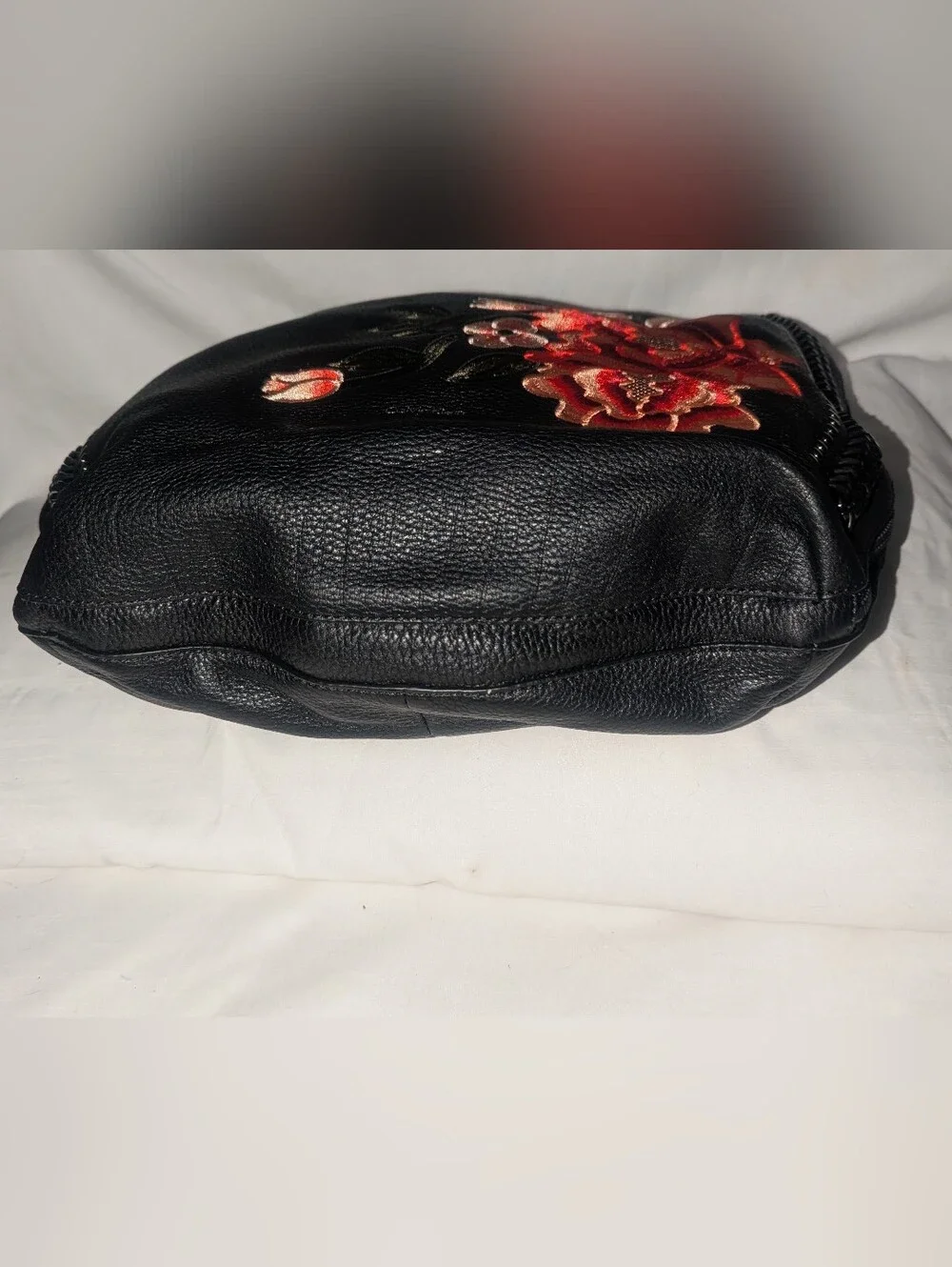 Calvin Klein Samira Black Leather Hobo Bag with Red Floral Embroidery NWT